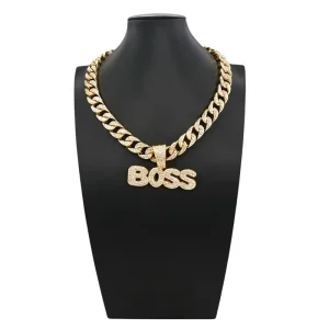 Hop Bling BOSS Letter Pendant Necklace Full Iced Out CZ Diamond Cuban Link Chain for Men Rapper Jewelry Gift B2400310