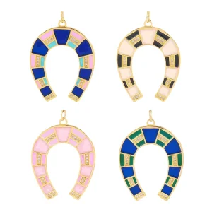 Horseshoe Shaped Pendant Jewelry Gold Plated Copper Zircon Enamel U shaped Charm Pendant Accessory for DIY Necklaces
