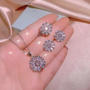 Hot Fashion Jewelry Set Pink Zircon Diamond Necklace Set Light Luxury Sun Flower Earrings Necklace Set for Women