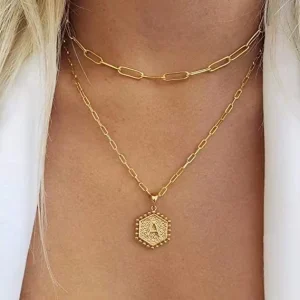 Hot Item 14K Gold Double Layer 26 English Initials Geometric Pendant Stainless Steel Necklace Jewelry Sweater Chain