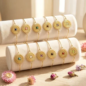 Hot Sell Trendy Stainless Steel 14K Gold Plated Sunflower Pendant Natural Stone Charm Cuff Bracelet for Women