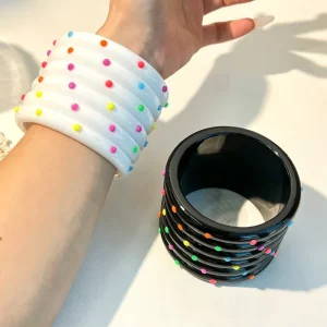 Hot Selling Black White Solid Resin Wide Bangle Bracelet With Colorful Rainbow Polka Dot Studs Chunky Acrylic Bangles Gift