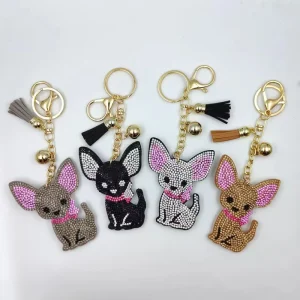 Hot Selling Bling PU Chihuahua Dog Keychain Cute Rhinestone Tassel Bag Charm Key Ring Pendant