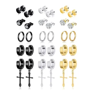 Hot Selling Fashion Stainless Steel Minimalist Stud Earrings 15 Pairs Set Neutral Hypoallergenic Earrings Jewelry