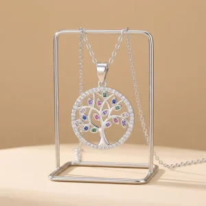 Hot Selling Fashion Women 925 Sterling Silver Colorful CZ Crystal Chakra Tree of Life Pendant Necklace