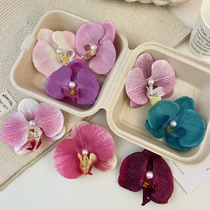 Hot Selling French Style Elegant Orchid Hair Clip Girls Colorful Floral Hair Clamp Accessory Made of PU Fabric
