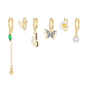 Hot Selling Fringe Zircon Earring Set 18K Gold Plated Brass Earrings Fashion Jewelry Butterfly Flower 6 Piece Earrings for Women
