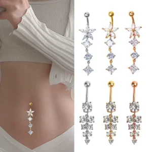 Hot Selling Gold Plated Stainless Steel Belly Button Rings for Women Dangle Curved Barbell Jewelry