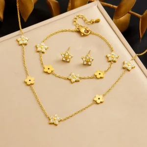 Hot Selling Ladies Banquet Party Fashion 18K Gold Planted Flower Necklace Earrings Bracelet Stainless Steel Jewelry Set