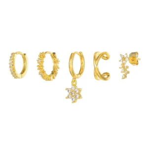 Hot Selling Luxury 18K Gold Plated Flower Dainty Geometric Zirconia Stud Clip Earring Fashionable Trendy Jewelry 5pcs Charm Set