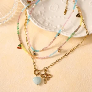 Hot Selling Small Fresh Bead Heart shaped Cherry Tassel Necklace Trendy 316l Stainless Steel Jewelry 18k Pvd Gold Necklace