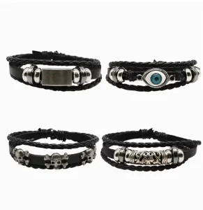 Hot Selling Trendy Punk Style Braided Leather Bracelet with Turkish Eye and Skull Charms for Casual and Biker Outfits