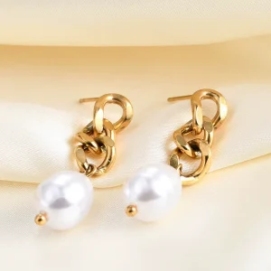 Hot Selling Women Pearl Pendant Earring 18K PVD Gold Plated Stainless Steel Drop Earrings