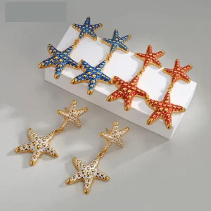 Hot Style Ocean Wind Dripping Oil Starfish Earrings 18k Gold Fashionable Design Stainless Steel Exaggerated Earrings