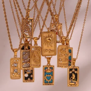 Hot Style Stainless Steel Gold Plated Rectangular Zirconia Tarot Necklace