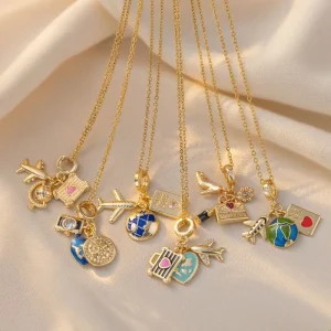 Hot Travel Creative Copper Plated Zircon Camera Pendant Necklace Luggage Fashion Clavicle Chain Jewelry Set