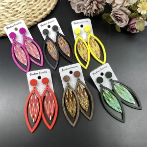 Hot selling cross border Bohemian exaggerated earrings Jewelry wooden leaves geometric retro earrings