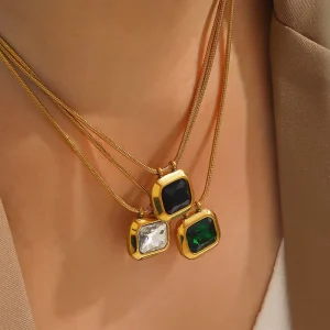 Hypoallergenic 18K Gold PVD Plating Round Snake Chain Necklace Big Colorful CZ Stone Inlaid Rounded Rectangular Pendant Necklace