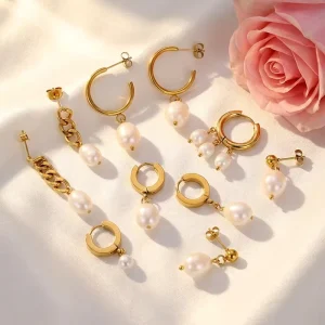Hypoallergenic Dangle Jewelry Custom Gold Plated Stainless Steel Drop Hoop Pearl Earrings