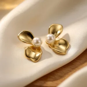 Hypoallergenic Fashion 18K Stainless Steel Leaf Shaped Flower Pearl Stud Earrings