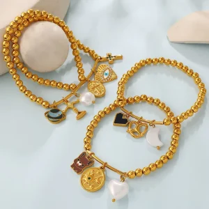 Hypoallergenic Fashion Stainless Steel Gold Plated Bead Cross Eye Pendant Bracelet