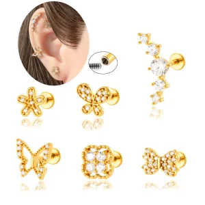 Hypoallergenic Flat Back Earrings Stainless Steel Piercing Jewelry Butterfly Cartilage Earring Tragus Helix Lips Piercing