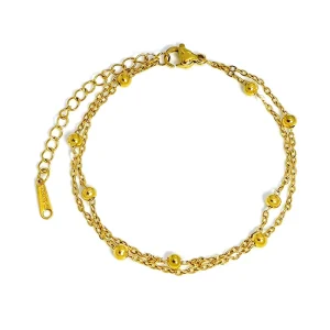 Hypoallergenic Gold Plated Stainless Steel Double Layered Ball Beaded Chain Bracelet Minimalist Stackable Daily Fashion Jewelry
