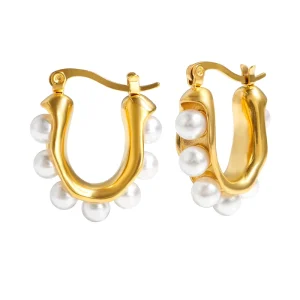 Hypoallergenic Gold Plated Stainless Steel Pearl Hoop Earrings for Women Gift