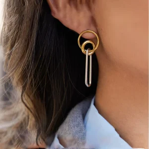 Hypoallergenic Stainless Steel 18K PVD Gold Plated Round Two Tone Fashion Pendant Earrings