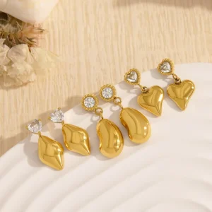 Hypoallergenic Stainless Steel Minimalist Geometric Heart Zircon Drop Earrings Gold plated Women’s Party Non Tarnish Jewelry