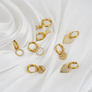 Hypoallergenic Waterproof Dangle Hoop Earrings PVD Gold Plated Sparkly Zircon Heart Star Charm Jewelry For Women