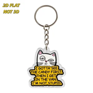 I Gotta See the Candy First Cat Acrylic Keychain Clear Double Sided Humorous Feline Quote Key Ring for Keys Bags Backpacks