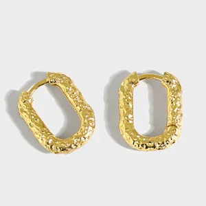 ICEBELA 925 Sterling Silver Fine Jewelry Geometric Oval Texture Huggies Earrings Minimalist Bump Hoop Earrings for Women