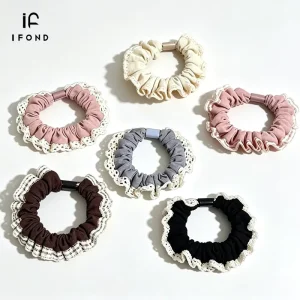 IFOND Custom OEM Lace Trim Pleated Cloth Hair Scrunchie Multi Color Bulk Women Daily Hair Decoration