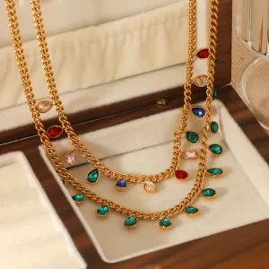 INS 18K Gold Plated Stainless Steel Multicolor Teardrop Zircon Pendant Necklace PVD Plated Long Lasting Fashion Jewelry
