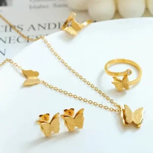INS Fashion Necklace Earring Ring Jewelry Set 18K Gold Plated Stainless Steel Butterfly Chains for Women Gift