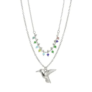 INS Fashion Popular 18K Gold Plated Stainless Steel Double Layer Stacked Colorful Beaded Start Charms Bird Pendant Necklace