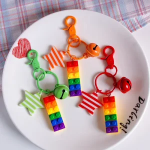INS Fashion Rainbow Building Blocks Keychain Pendant Colorful Stripes Star Bell Pendant Backpack Charms Gift Decoration Keychain