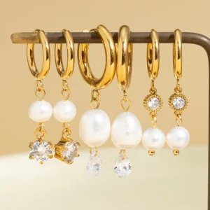 INS Natural Freshwater Pearl CZ Diamond Drop Huggie Hoop Earrings 18K Gold Round Teardrop Dainty Bridal Fine Jewelry Style Women