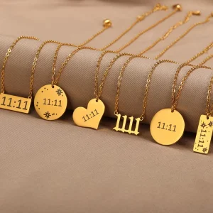 INS Stainless Steel 18K Gold Plated Double 11 Angel Number Necklace Waterproof 11 11 Engrave Square Coin Heart Necklace
