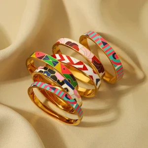 INS Style 18K Gold Plated Stainless Steel Bangle Colored Drip Oil Geometric Pattern Bracelet Jewelry Wide and Fashionable
