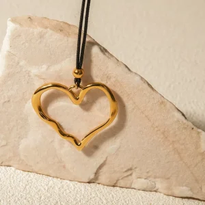 INS Style 18K Gold Stainless Steel Heart Pendant Necklace Wax Rope Pleated Line Fashion Accessory
