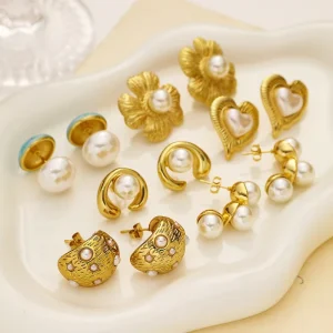 INS Wind Stainless Steel 18k Gold Mixed Fashion Zircon Star Flower Heart Ear Ring Flower Love Pearl Titanium Steel Earrings