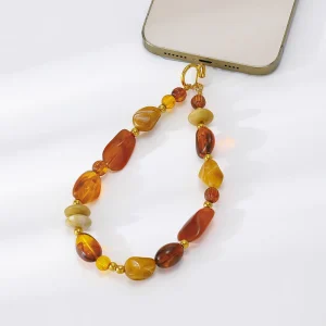 IVANDA Stainless Steel 18K Gold Plated Trendy Beaded Phone Charm Amber Volcanic Stone Elements Hands Free Decorative Hanging