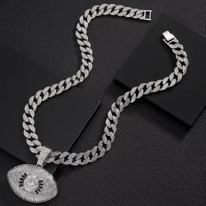 Iced Out 15MM Cuban Chain With Bling Rhinestone and Alloy Hip Hop Evil Eyes Pendant Necklace
