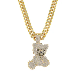 Iced Out 15MM Cuban Chain With Hip Hop Bling Rhinestone and Alloy Bear Animal Pendant Necklace