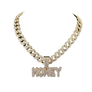 Iced Out 15mm Cuban Miami Chain Hip Hop Alloy and Bling Rhinestone MONEY Letter Pendant Necklace