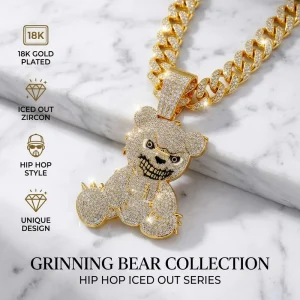 Iced Out 18K Gold Plated Grinning Bear Pendant Necklace for Men Streetwear Hip Hop Cuban Chain Ganku