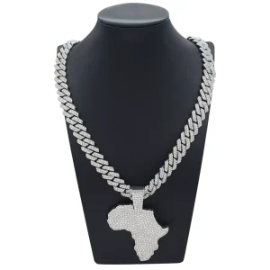 Iced Out Africa Map Necklace Gold Plated Cuban Chain Hip Hop Rhinestone Jewelry Men Women Streetwear B25001