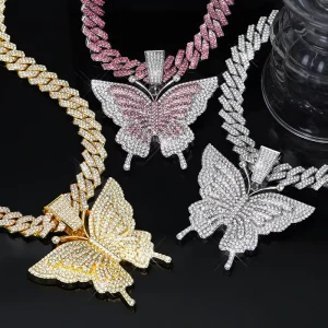 Iced Out Butterfly Necklace Full Zircon Hip Hop Cuban Chain Punk Gothic Insect Pendant Unisex Bling Jewelry Supplier